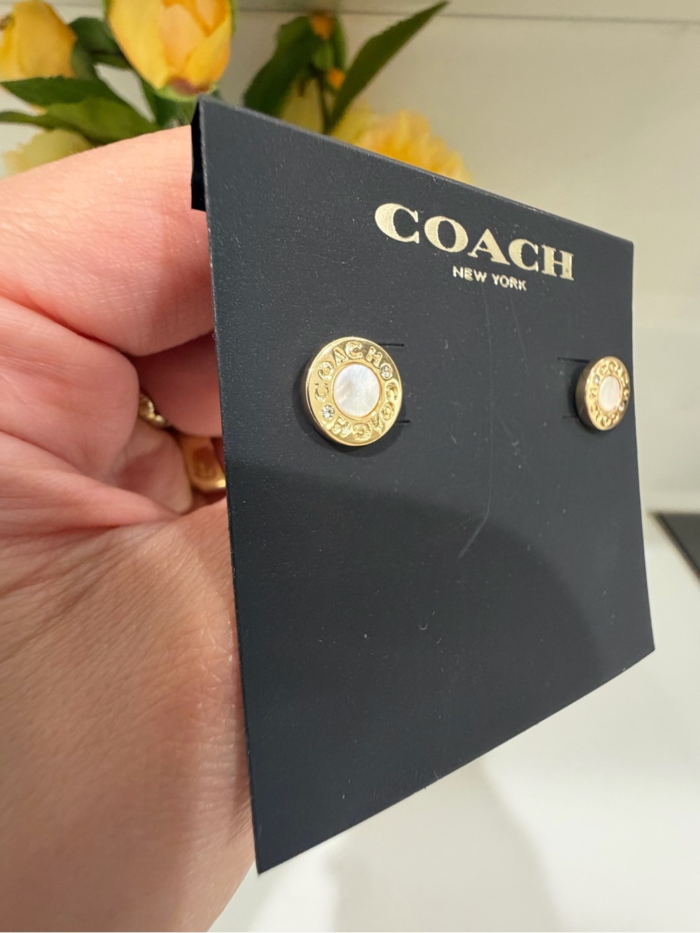 Coach Gold-Tone Mother-of-Pearl Round Logo Stud Earrings - Picture 5 of 6